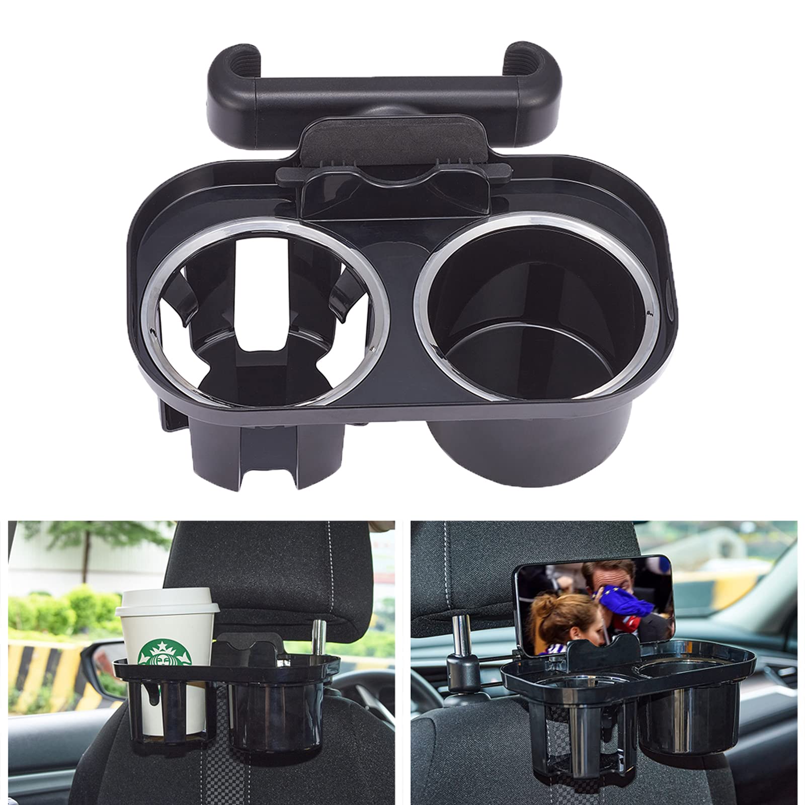 Car Headrest Cup Holder & Seat Back Organizer - Dual Cup Holder with Phone Mount for Road Trips & Family Travel - Perfect for Coffee, Drinks & Smartphones