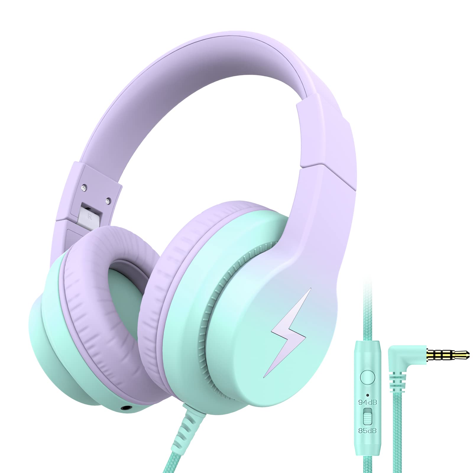 **Safe Kids Headphones with Microphone - 85/94dB Volume Limiter, Over-Ear Wired Headphones for Boys & Girls, Foldable Design with Sharing Jack - Perfect for Online Learning & Travel (Gradient Purple)**