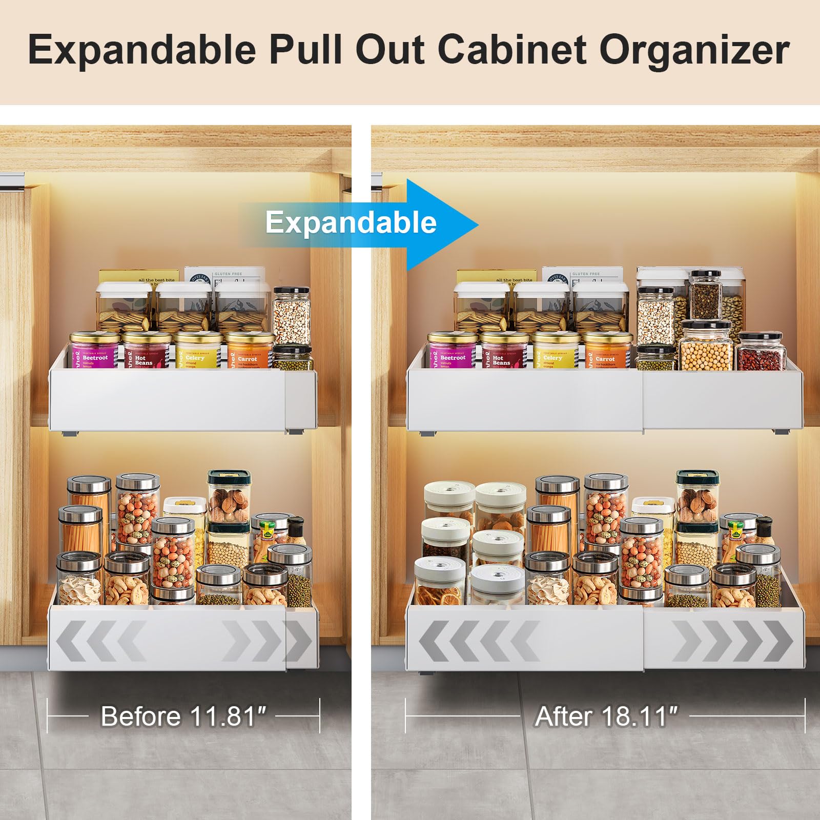 Expandable Pull Out Cabinet Organizer - 2 Pack Heavy Duty Adhesive Slide Out Drawers for Kitchen, Pantry & Bathroom Storage | Space Saving Sliding Shelves for Cabinets (Not for Cabinets with Lips) | Perfect for Organizing Spices, Utensils & Toiletries