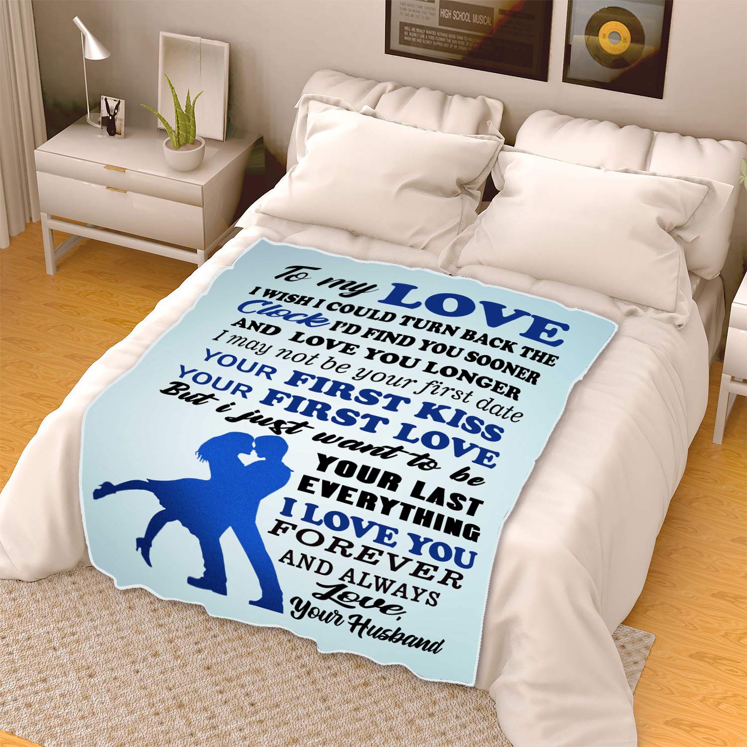 Your First Kiss Your First Love - Premium Fleece Blanket for Wife, Best Anniversary & Valentine's Day Gift, Supersoft Cozy Blanket with Romantic Quotes, Perfect for Cuddling on Cold Nights, Movie Nights, and Romantic Getaways