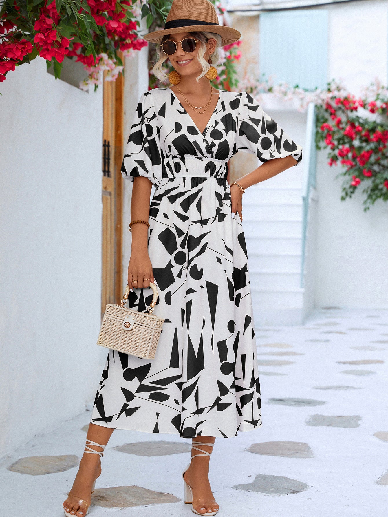 Elegant Printed Surplice Balloon Sleeve Dress for Women | Flowy Summer Maxi Dress | Perfect for Beach Vacations, Weddings & Date Nights