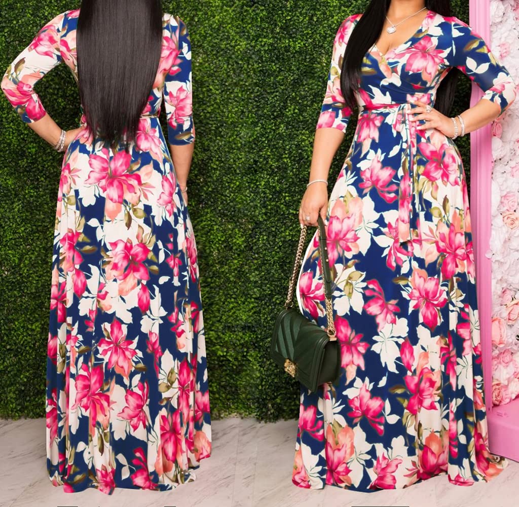 JTNFairy Women's Casual Floral Print Long Maxi Dress - Plus Size Summer Beach Dress, Boho Party Outfit for Vacations & Outdoor Events