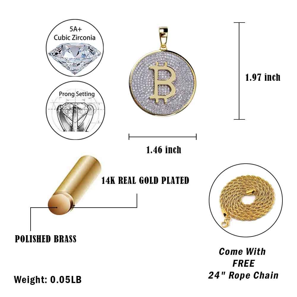 TOPGRILLZ 14K Gold Plated Bitcoin Crypto Necklace for Men & Women - Iced Out Rope Chain Pendant in Stainless Steel - Perfect for Gifting, Parties, and Crypto Enthusiasts
