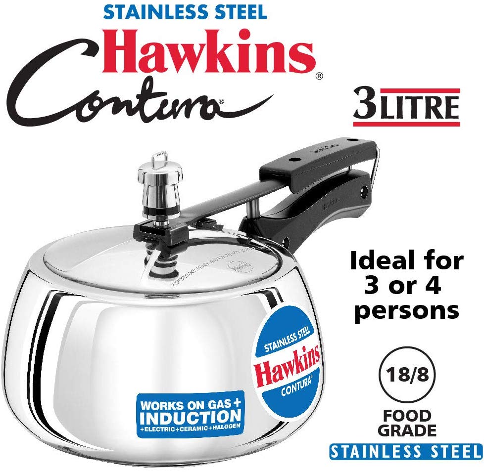 Hawkins SSC30 3L Stainless Steel Contura Pressure Cooker - Fast & Safe Cooking for Soups, Stews & Rice | Perfect for Home Kitchens & Camping