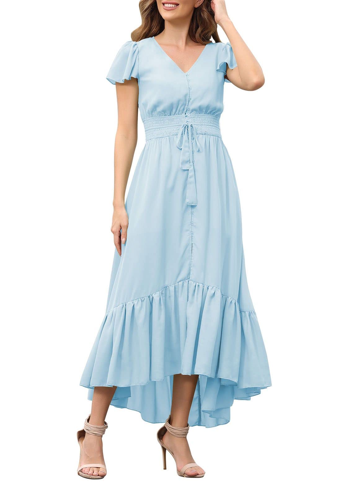 TOLENY Women's Summer Cap Sleeve Long Maxi Dress - High Waist Ruffle Flowy Beach Dress for Vacation, Party & Casual Wear