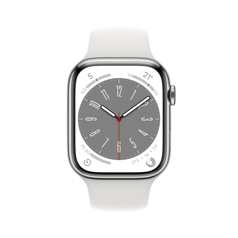 Apple Watch Series 8 (GPS + Cellular) 45mm Silver Stainless Steel Case with White Sport Band - Perfect for Fitness Tracking, Workouts & Everyday Wear