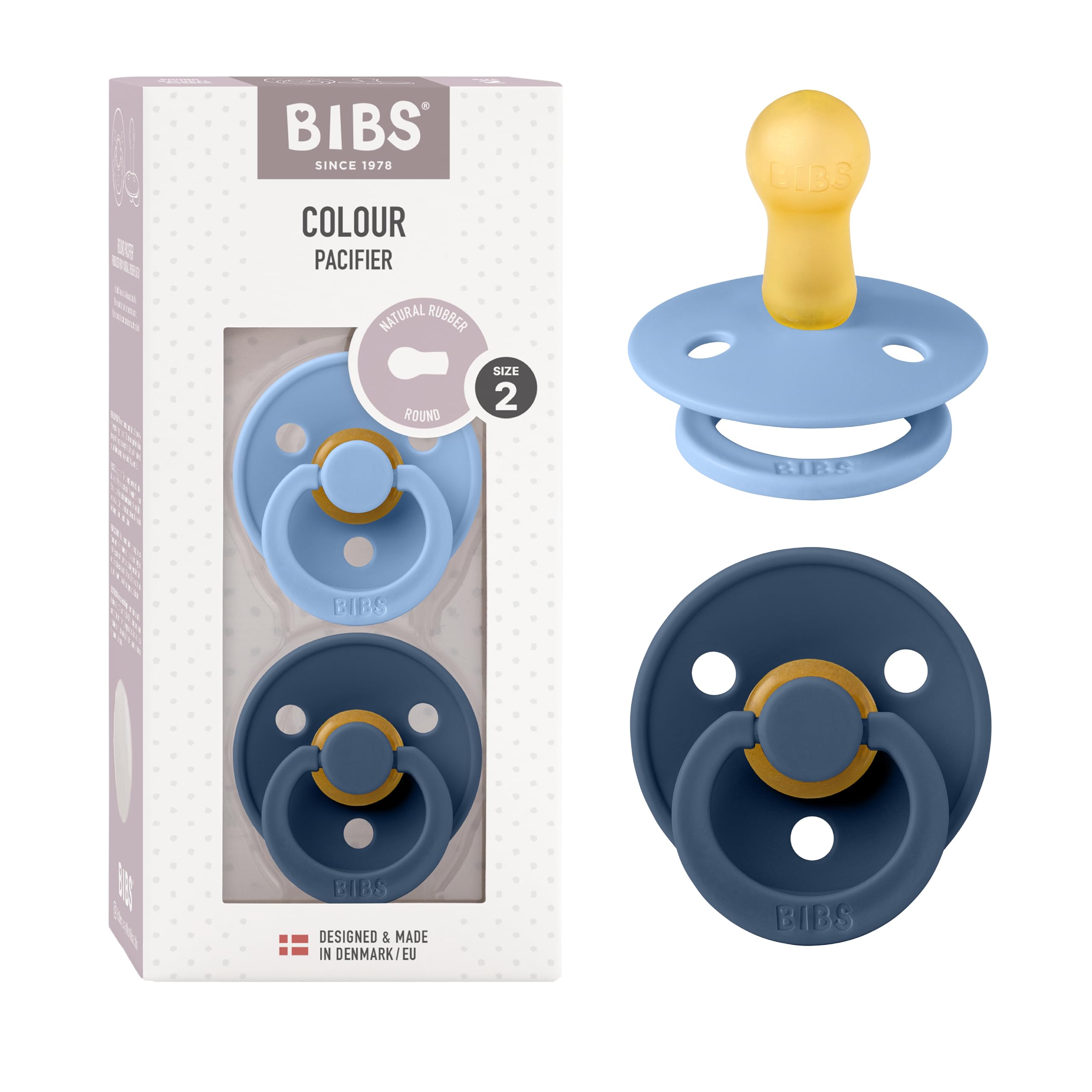 BIBS Natural Rubber Baby Pacifier - BPA-Free Soother Set of 2 | Round Nipple Design | 6+ Months | Sky Blue & Steel Blue | Made in Denmark | Perfect for Newborns, Infants & Toddlers | Daycare, Travel & Sleep Comfort
