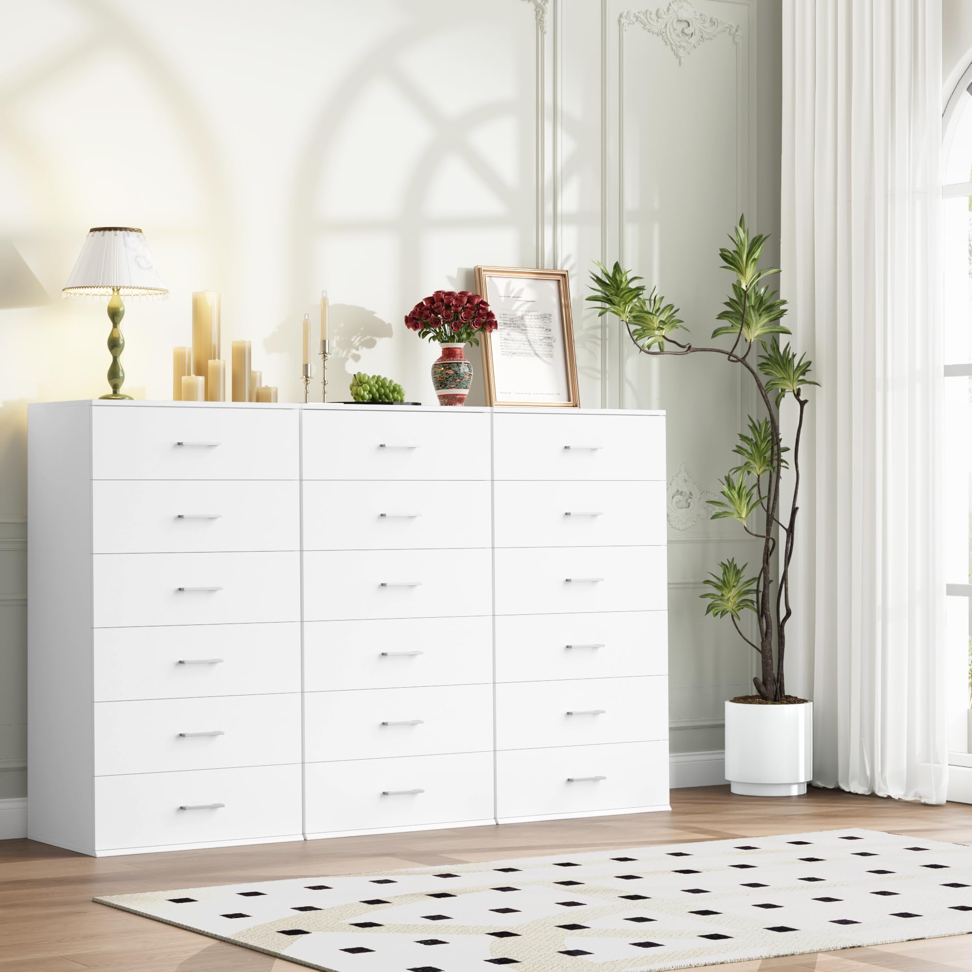 FOTOSOK 6-Drawer White Dresser - Modern Tall Chest of Drawers with Metal Handles, 23.6