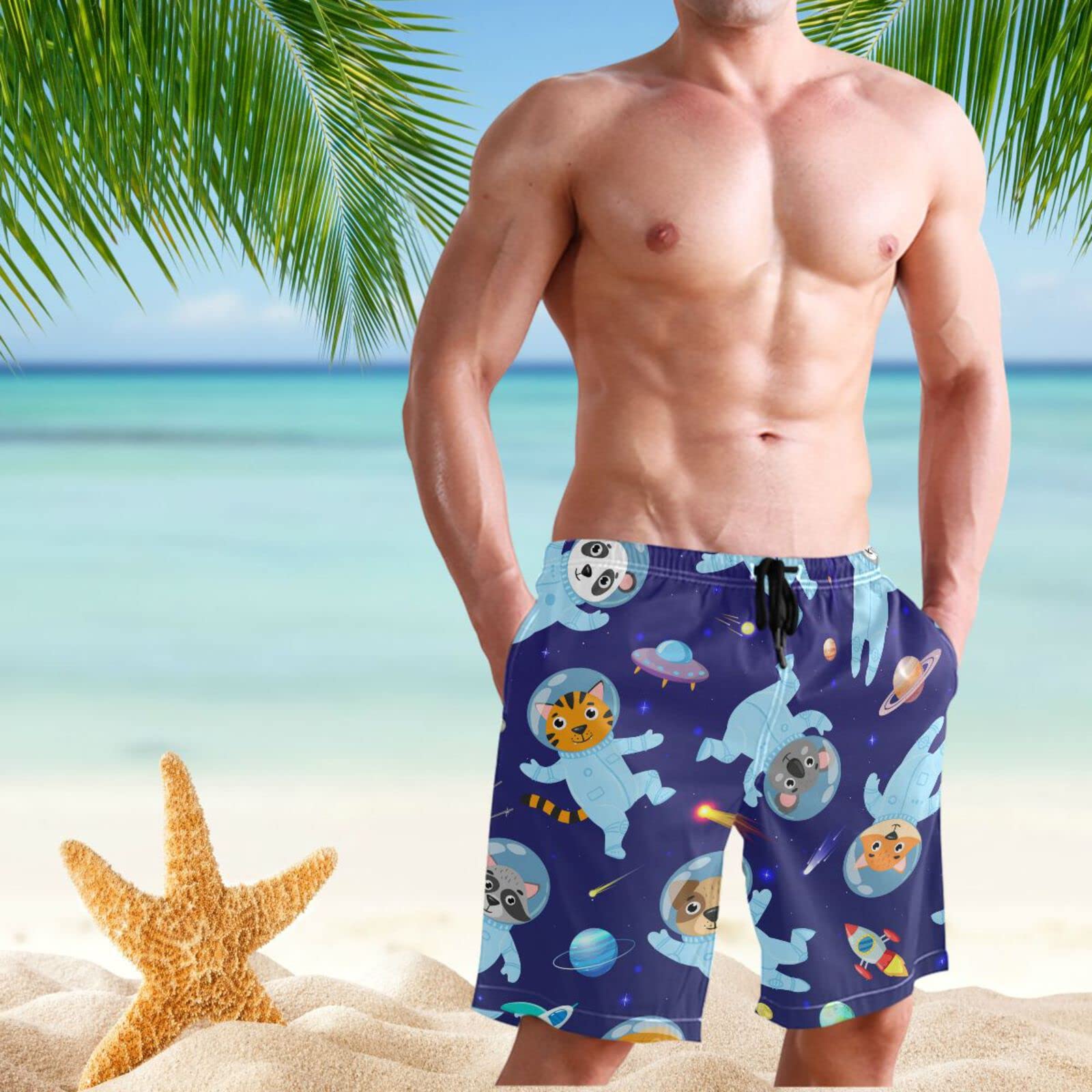 Space Animals Cats Men's Quick Dry Swim Trunks - Beach Board Shorts with Pockets for Swimming, Surfing & Summer Vacations