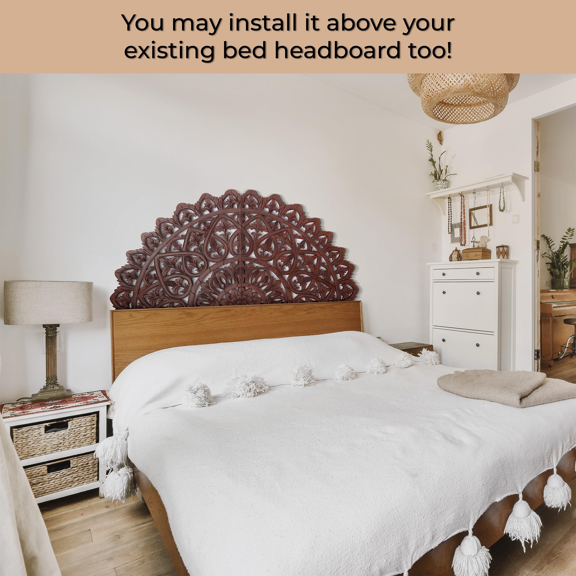 Rustic Half Moon King Wood Headboard - Carved Mahkota Dark Brown for Cal King Bed | Bedroom Decor