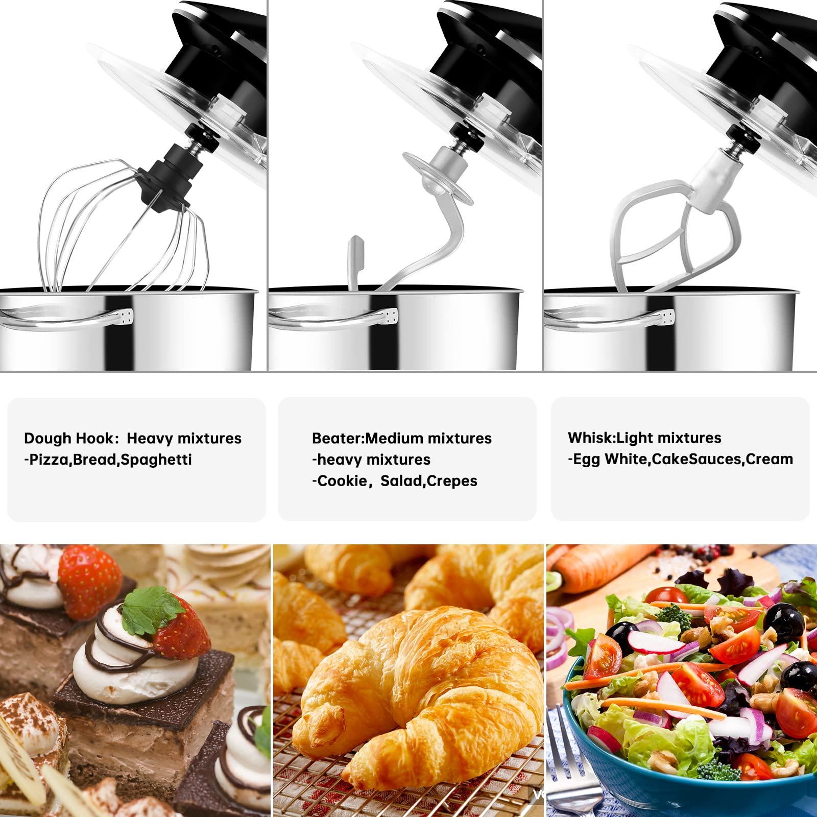 Seedeem 6Qt Stand Mixer, 660W Electric Food Mixer with Tilt-Head, 6-Speed Dough Mixer - Includes Dishwasher-Safe Dough Hook, Wire Whip & Beater - Perfect for Baking Bread, Cookies, Cakes & More - Black