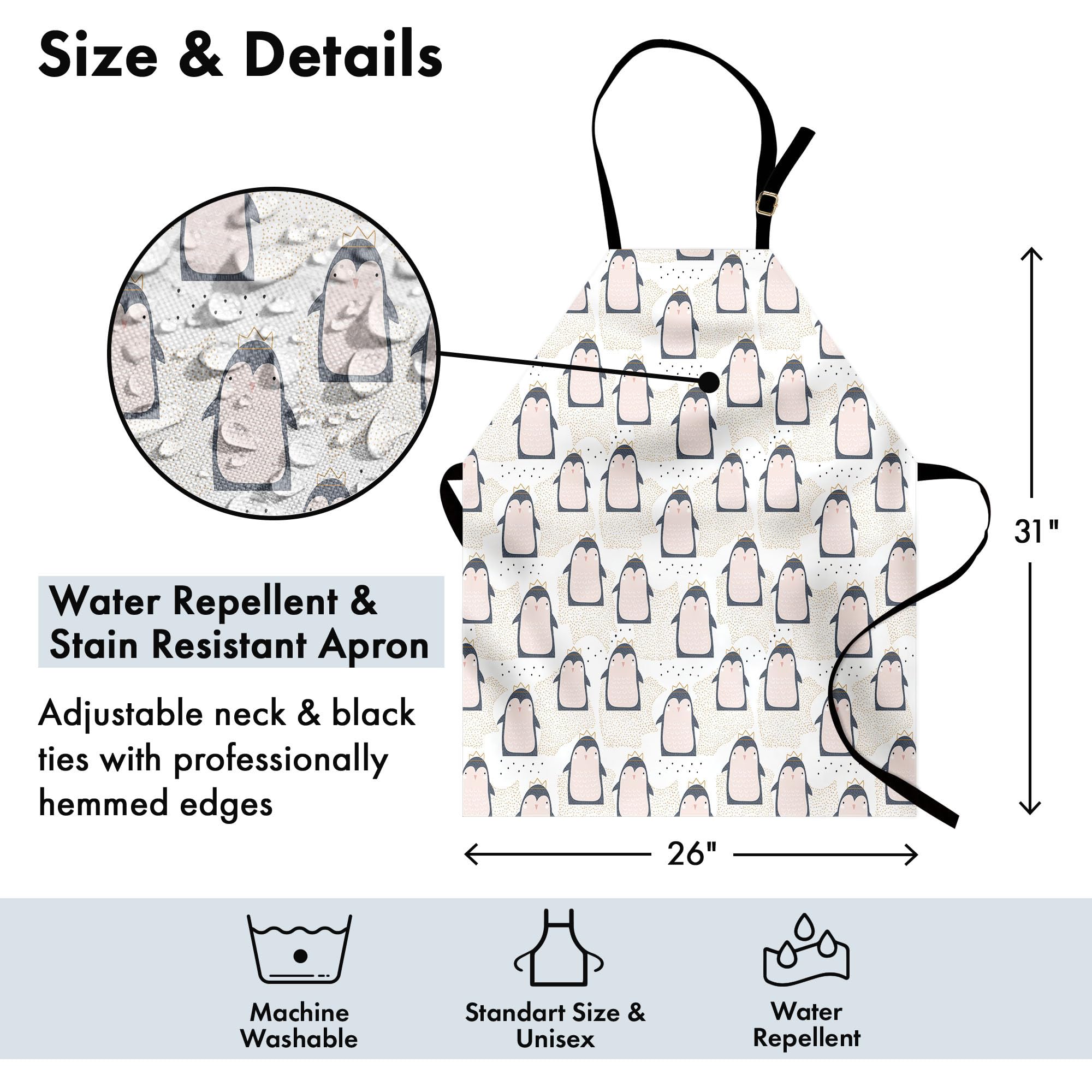 Ambesonne Penguin Apron - Pastel Cartoon Animal Print Kitchen Bib with Adjustable Neck, Unisex Adult Apron for Cooking, Baking, BBQ & Gardening (Grey/Pink) - Perfect for Home Chefs, Holiday Gifts & Themed Parties
