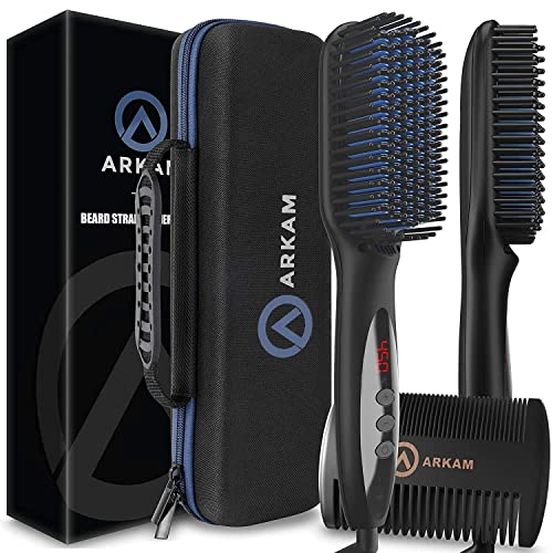 Arkam Beard Straightener for Men - Premium Heated Brush Kit with Travel Case & Comb | Professional Grooming Tool for Soft, Smooth Facial Hair | Perfect for Travel, Home & Salon Use (Renewed - Like New Condition)