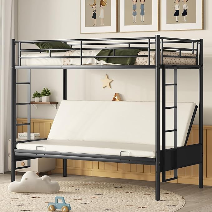 Convertible Twin Over Full Bunk Bed with Sturdy Steel Frame - Metal Bunk Bed & Sofa for Kids, Teens & Adults - Space-Saving Black Bed Frame with Safety Guard Rail & Ladder - Perfect for Small Bedrooms, Guest Rooms & Dormitories