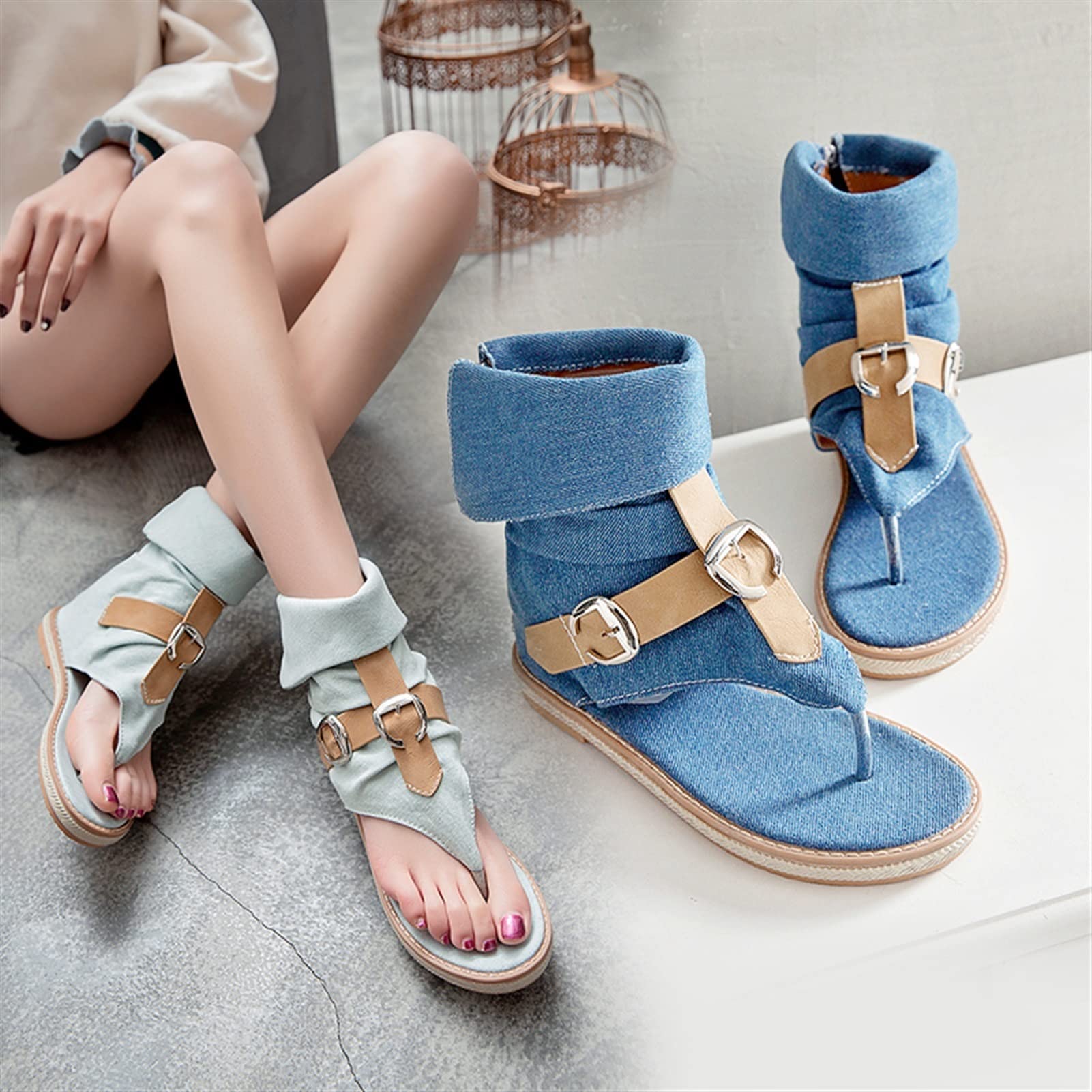 Women's Fashionable Flat Ankle Boots - Comfortable Outdoor Beach Shoes with Metal Decorative Clasp, Plus Size Sandals (Beige, Size 6) | Perfect for Summer Vacations, Beach Walks & Casual Outings