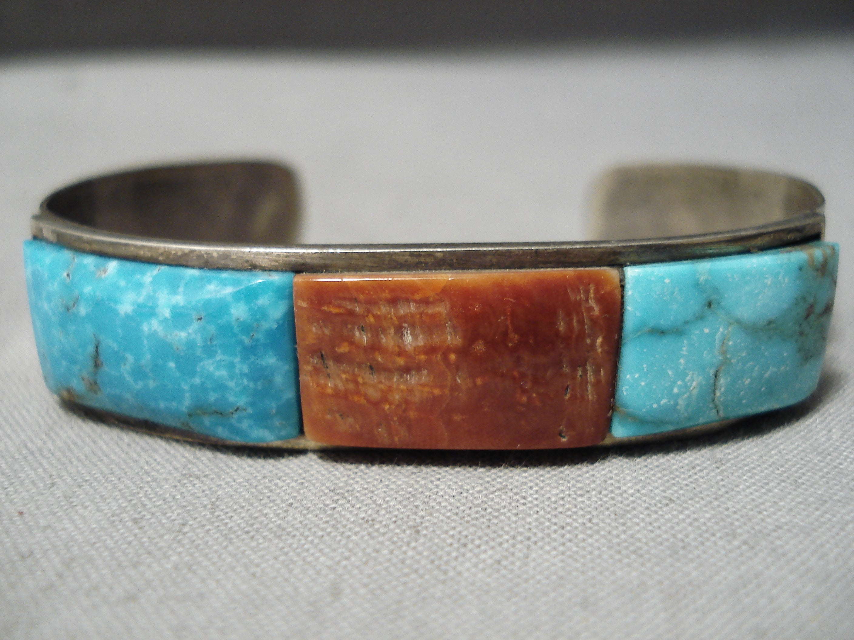Amazing Vintage Native American Navajo Carico Lake Turquoise Coral Sterling Silver Bracelet Old