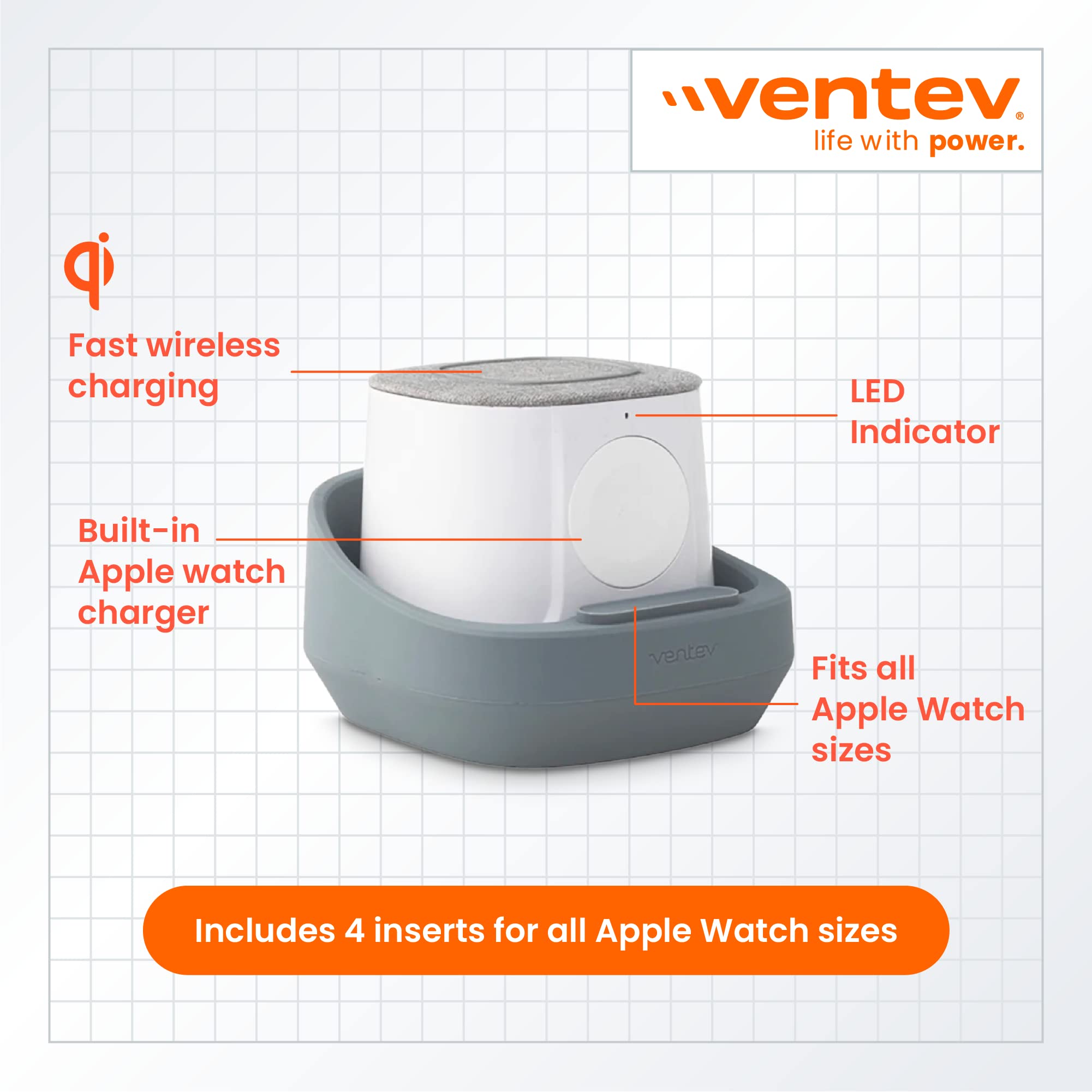 Ventev 2-in-1 Qi Certified Wireless Charging Station for iPhone 16/16 Pro/16 Pro Max/15/15 Pro/15 Pro Max/14/13/12 & Apple Watch | Fast Wireless Charger for Samsung Galaxy S23/S22/S21/Note 20 - White | Perfect for Bedside, Office & Travel Charging
