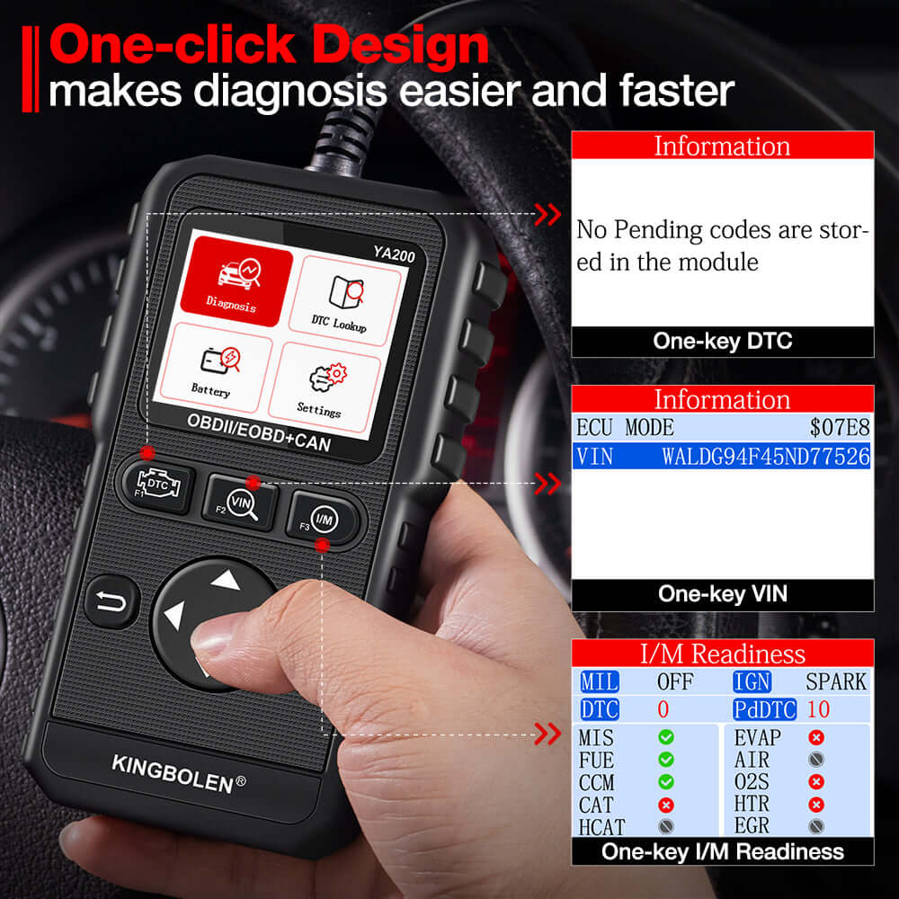 KINGBOLENÂ® YA200 OBD2 Scanner - Professional Auto Diagnostic Code Reader for Car, Truck & SUV - Check Engine Light, Read & Clear Fault Codes - Perfect for Mechanics & DIY Car Repair at Home or Garage