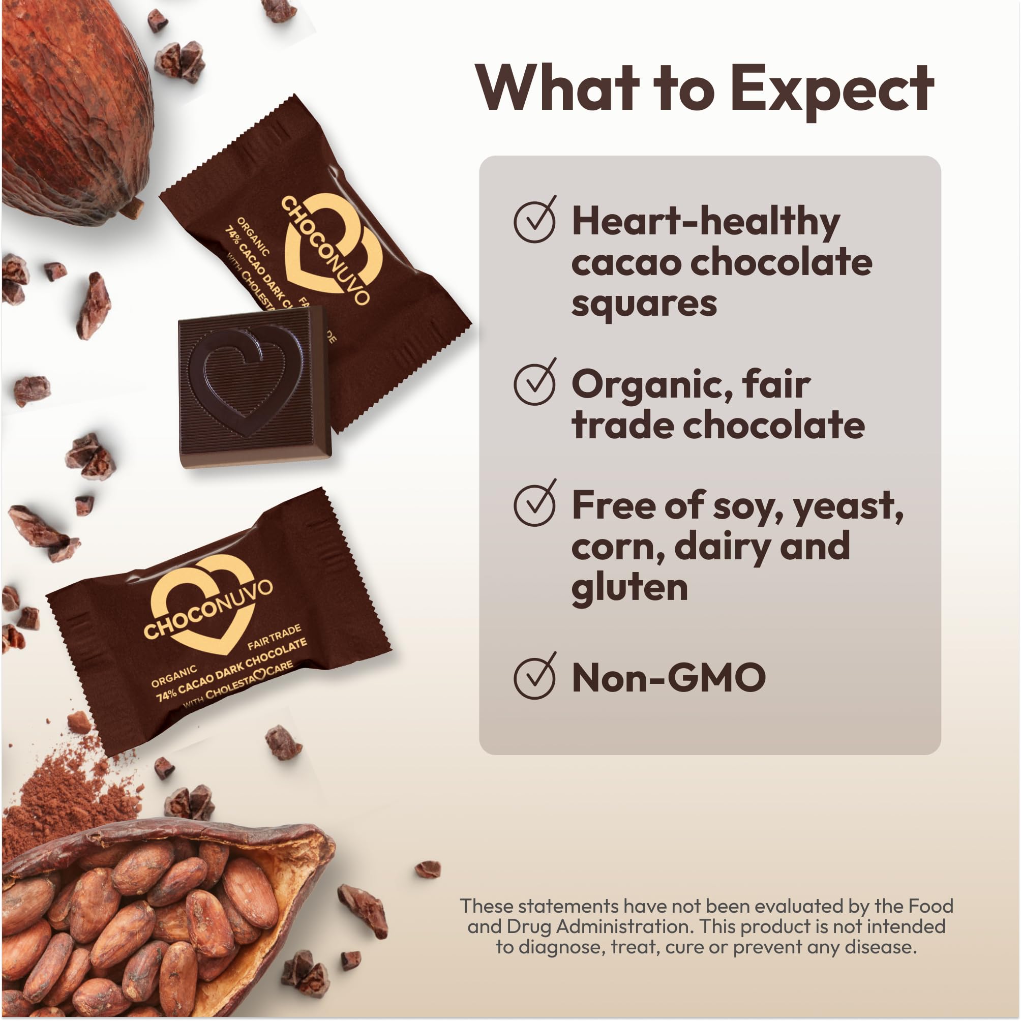 ANDREW LESSMAN ChocoNuvo 74% Cacao Dark Chocolate - 180 Organic Fair Trade Pieces with Plant Sterols for Healthy Cholesterol | Low Calorie (26 Cal/Sq), Low Fat, Low Sugar | Perfect for Healthy Snacking & Heart-Conscious Diets