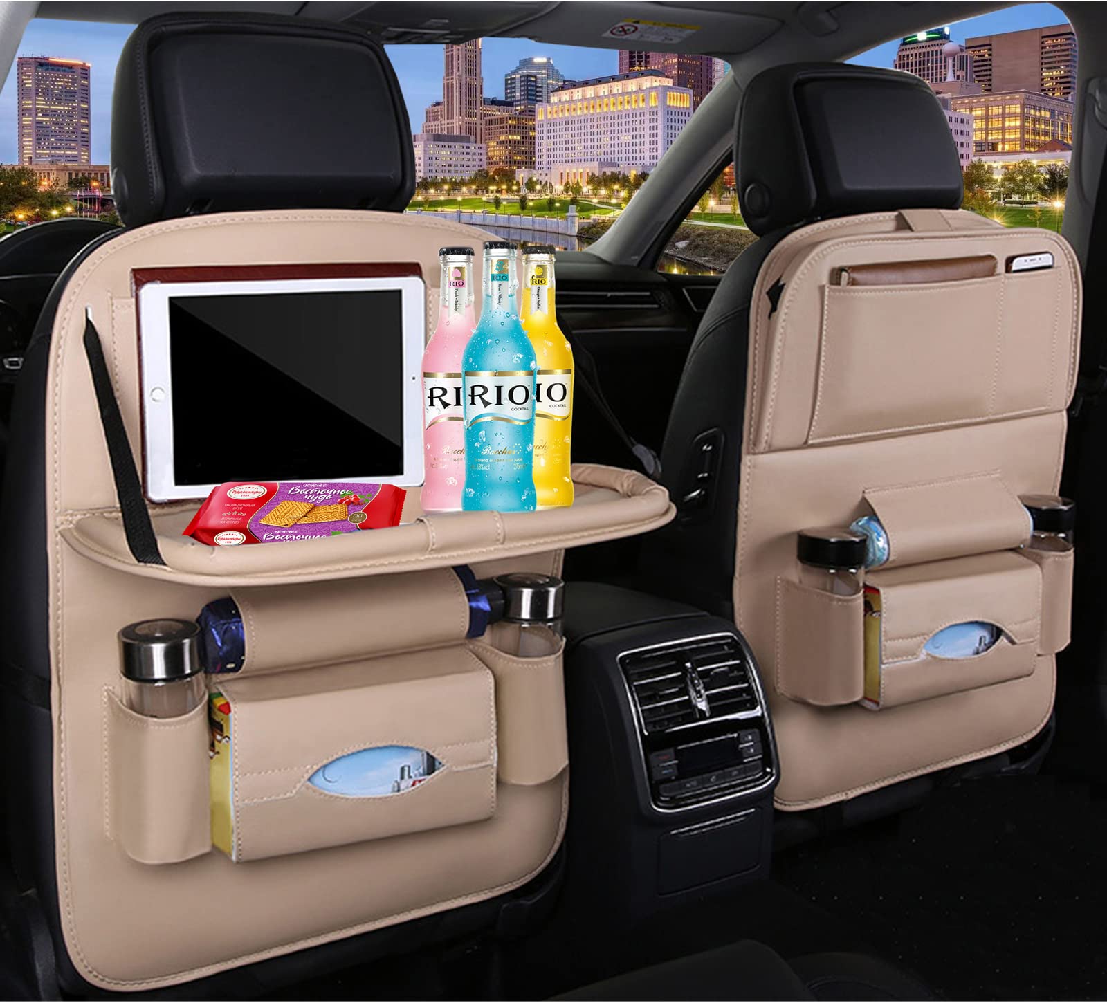 Premium PU Leather Car Backseat Organizer with Foldable Table - Multi-Pocket Storage, Adjustable Buckle Strap - Beige | Perfect for Road Trips, Family Travel & Kids Snack Organization