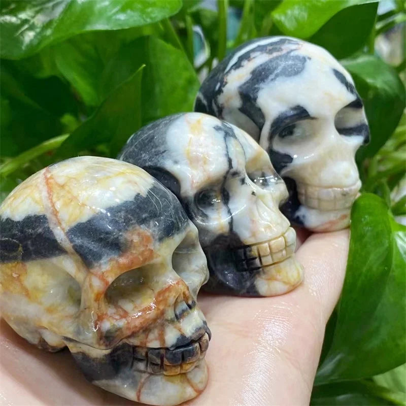 Natural Zebra Stone Skull Figurine - Handcrafted Healing Crystal Carving for Halloween Decor, Spiritual Gifts & Home Decoration (2 Inch, 1 Piece) - Perfect for Meditation, Altar Displays & Gothic Décor
