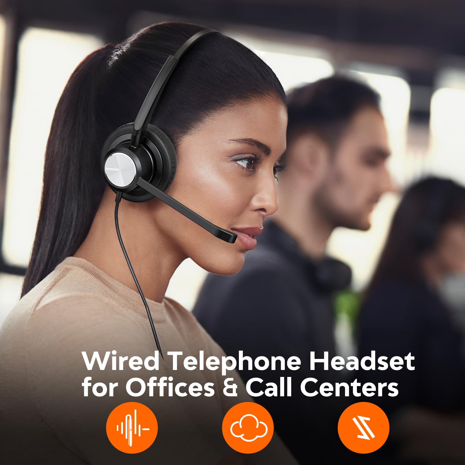 Noise Canceling Office Phone Headset with RJ9 QD Cable - Single Ear Wired Headset Compatible with HTek, Fanvil, Snom, Grandstream, Yealink T21P/T22P/T26P/T28P/T23G/T29G/T41S/T42S/T46S - Ideal for Call Centers, Remote Work & Business Communications
