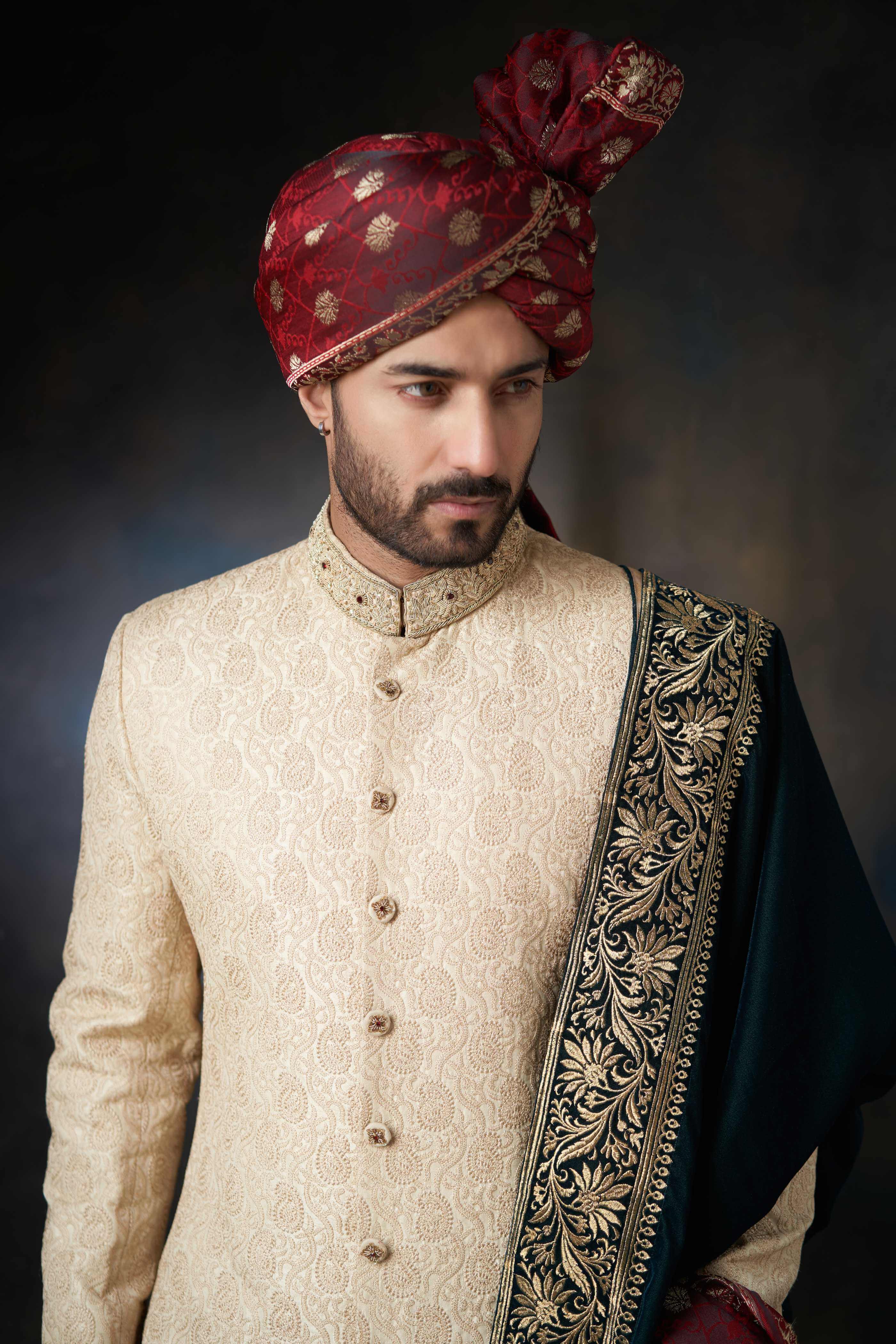 Luxury Gold Paisley Raw Silk Sherwani for Men with Velvet Shawl & Zardozi Embroidery | Indian Wedding Attire | Groom Outfit | Ethnic Party Wear