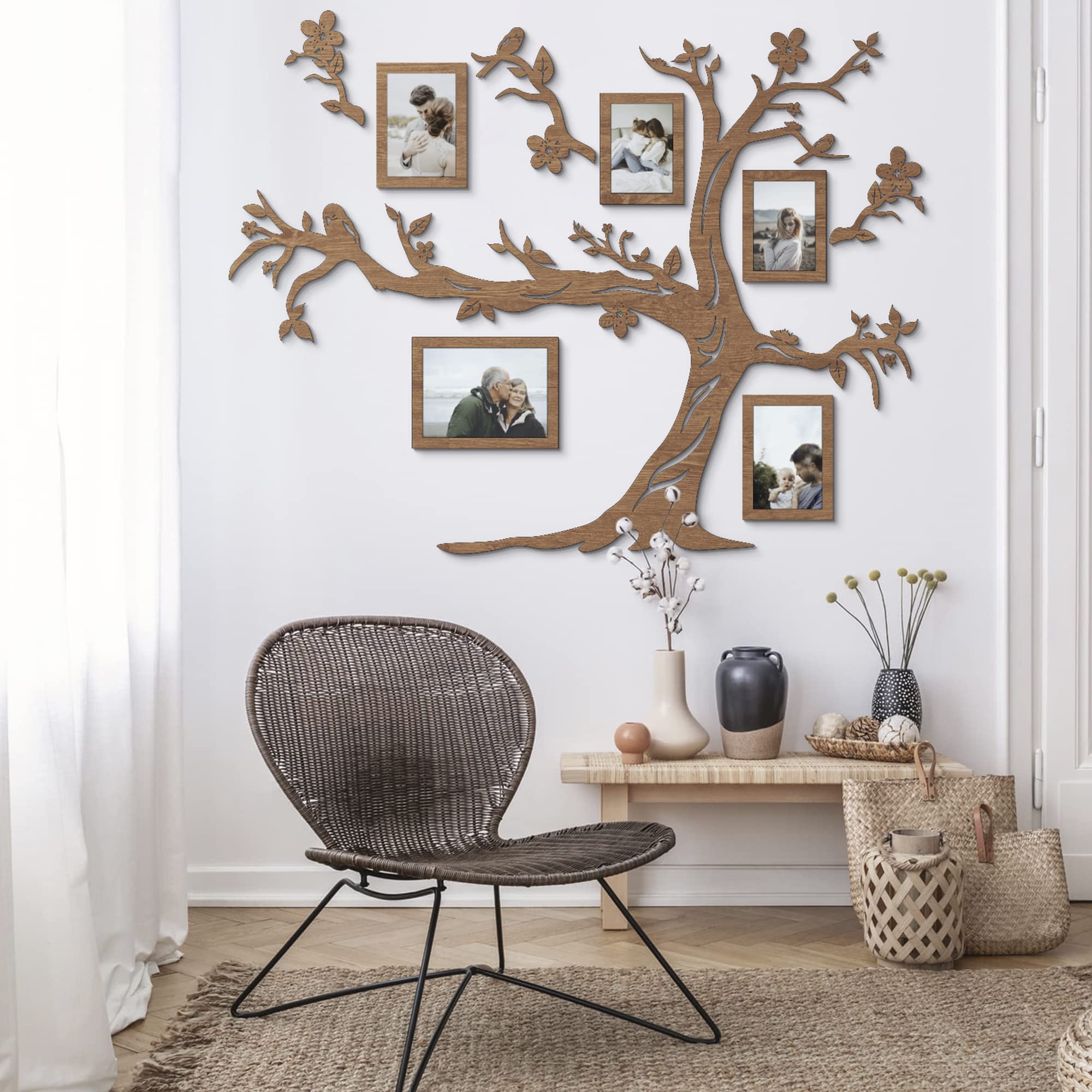 78x61 Inch Personalized Collage Wooden Family Tree with Photo Frames - Custom Home Decor for Bedroom & Living Room - Light Walnut Wood Wall Art - Perfect for Family Reunions & Housewarming Gifts