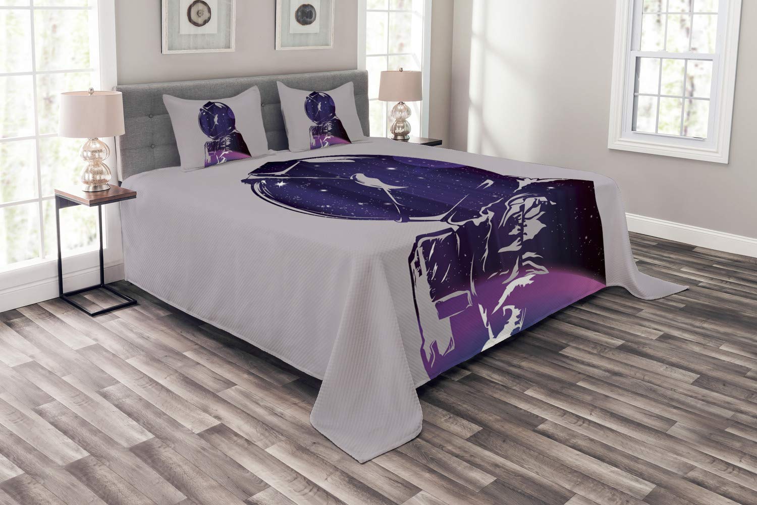 Ambesonne Outer Space Bedspread Set - Astronaut & Star Clusters Celestial Design, 3-Piece Queen Size Bedding with 2 Pillow Shams in Pink & Purple | Perfect for Space-Themed Bedrooms, Kids Rooms & Sci-Fi Decor