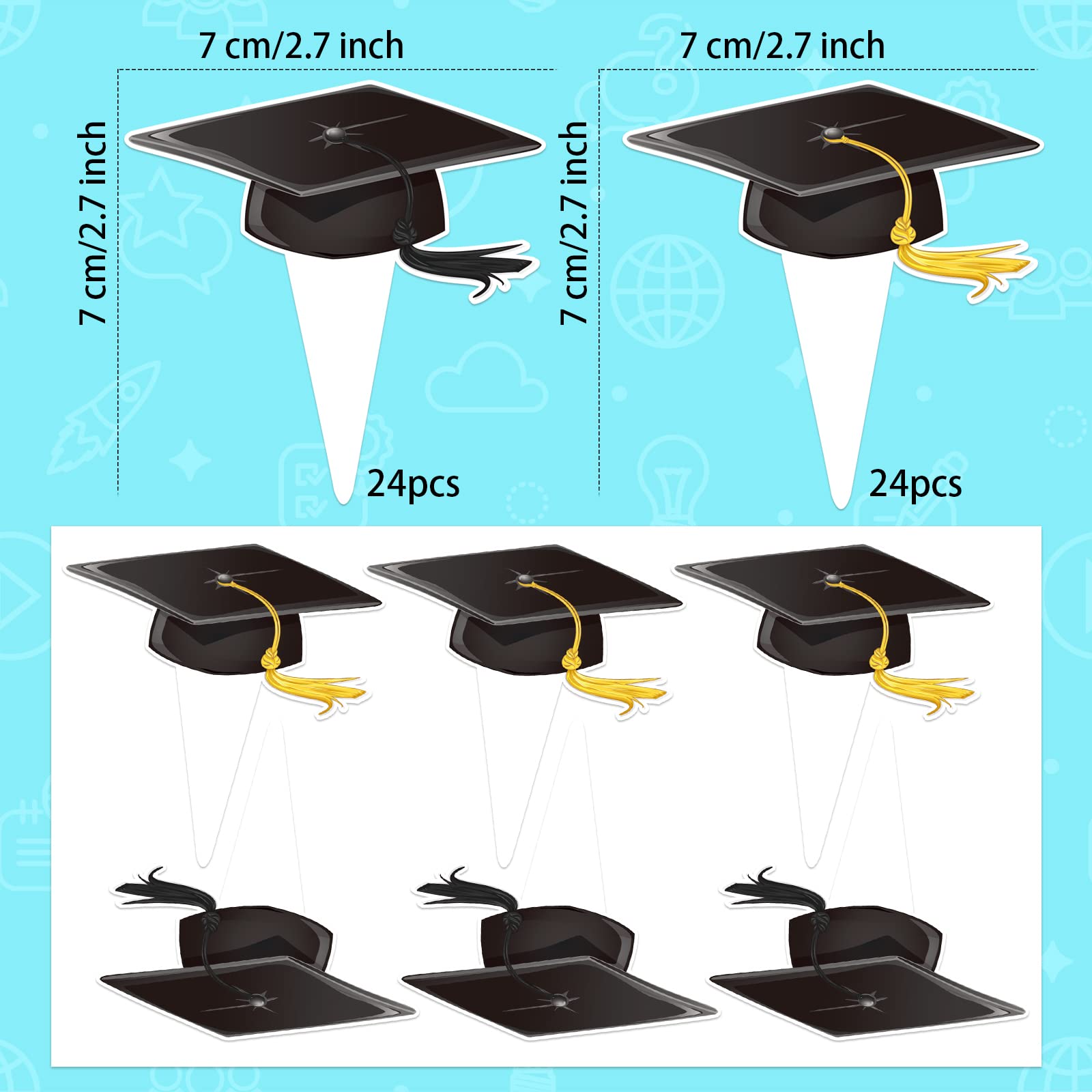 2024 Graduation Cap Cupcake Toppers - 48 Pack with Yellow & Black Tassels for Grad Party Decorations | Perfect for Graduation Cakes, Cupcakes & Dessert Table Displays