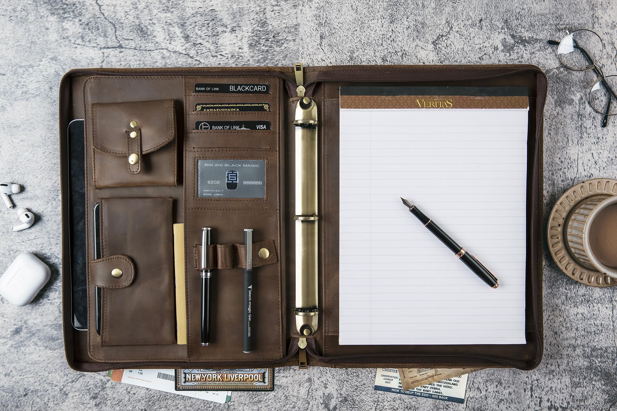 Premium Leather Portfolio with 3-Ring Binder - Personalized Zippered Executive Padfolio & Organizer - Custom Engraved Leather Folder for Men & Women (Dark Khaki) - Perfect for Business Meetings, Corporate Gifts & Professional Presentations