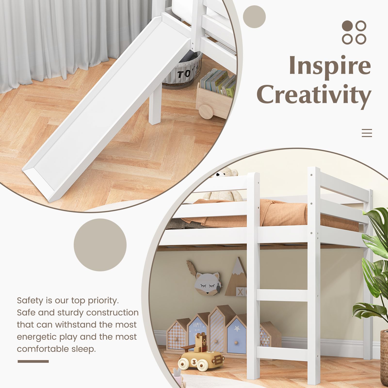 NAFORT Twin Loft Bed with Slide & Stairs - Solid Wood Low Loft Bed Frame for Kids, Girls & Boys - Includes Climbing Ladder, Guard Rails & Slat Support - Perfect for Small Bedrooms, Playrooms & Dorm Rooms