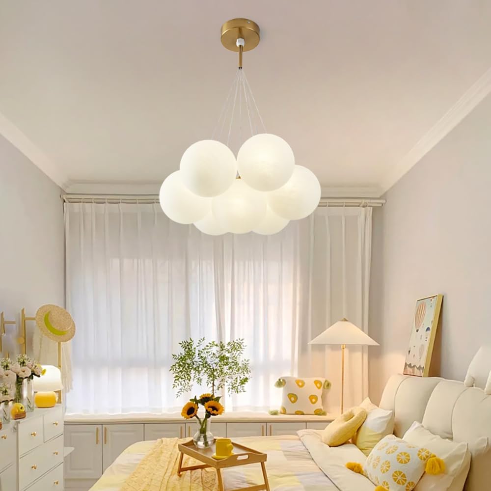 Frosted Glass Bubble Chandelier - Gold 7-Light Globe Pendant Lighting for Kids Room & Nursery Decor | Perfect for Bedroom, Playroom, and Children's Party Decorations