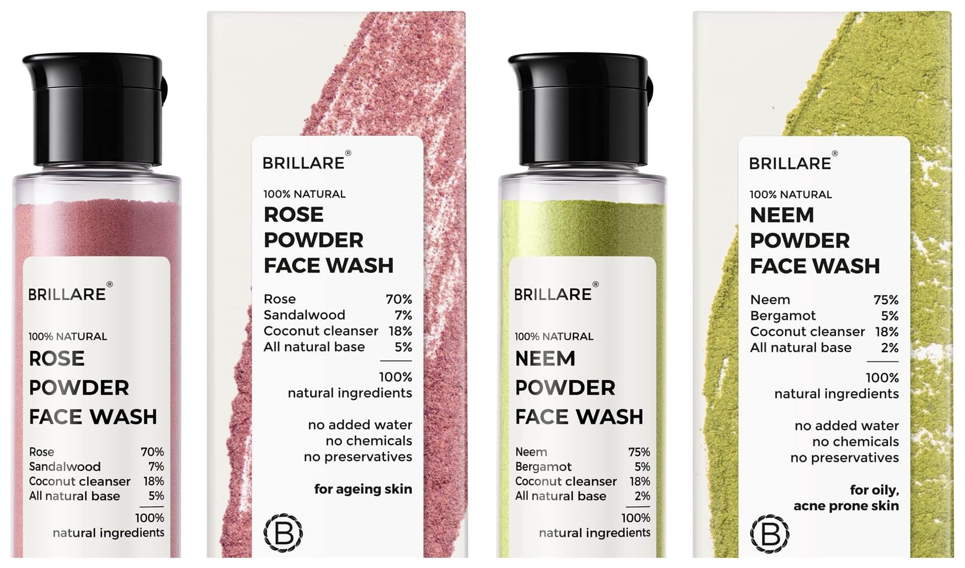 Brillare Rose & Neem Face Wash Combo | Anti-Aging & Acne Treatment | Hydrating Sandalwood Coconut & Clarifying Bergamot Formula | 30g Each | Perfect for Daily Skincare Routine & Travel Size
