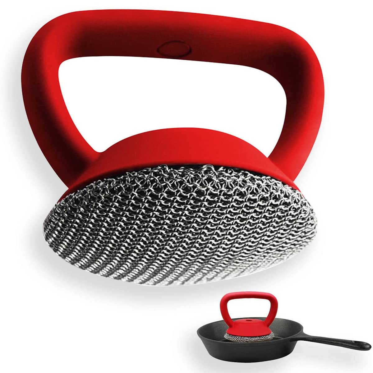 Premium 316 Stainless Steel Cast Iron Scrubber with Ergonomic Handle - Heavy Duty Chainmail Scrubber for Pots, Pans, Bakeware & Grill Cleaning - Rustproof Steel Wool Alternative for Kitchen & Outdoor Cooking