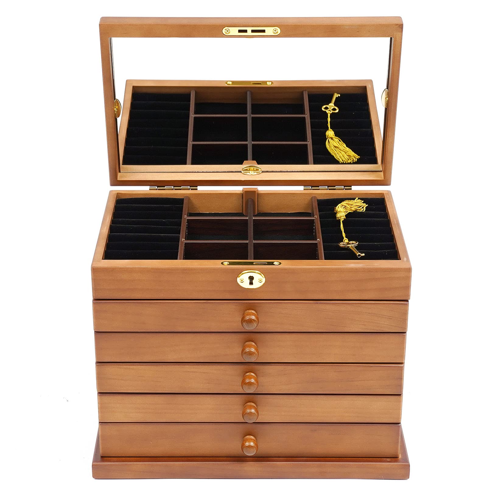 LOYALHEARTDY 6-Layer Wooden Jewelry Box with Mirror & Lock - Velvet Lined Storage for Bracelets, Earrings & Rings - Perfect Gift & Home Decor