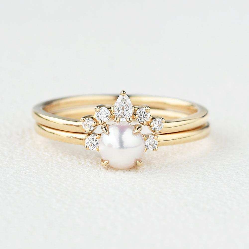 Luxury 2-Piece Akoya Pearl & Moissanite Yellow Gold Ring Set for Women - Perfect for Weddings, Anniversaries & Special Occasions
