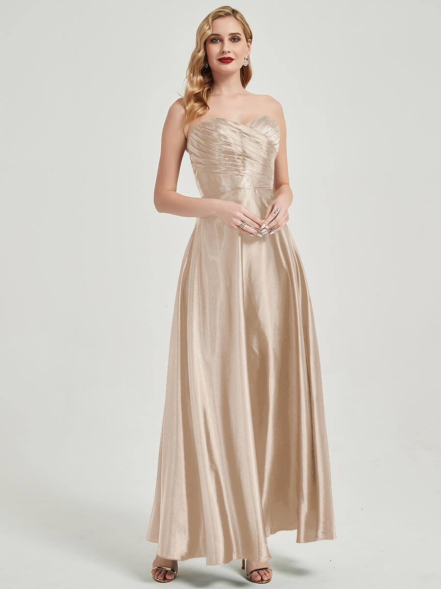 Elegant Champagne Satin Sweetheart Strapless Floor-Length Pleated Bridesmaid Dress for Weddings & Formal Events