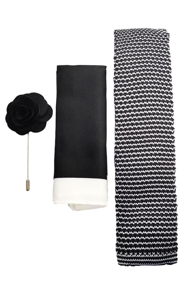 L.A. Smith Black and White Knitted Tie with Hank and Pin Set - Premium Men's Fashion Accessory for Business, Weddings & Formal Events