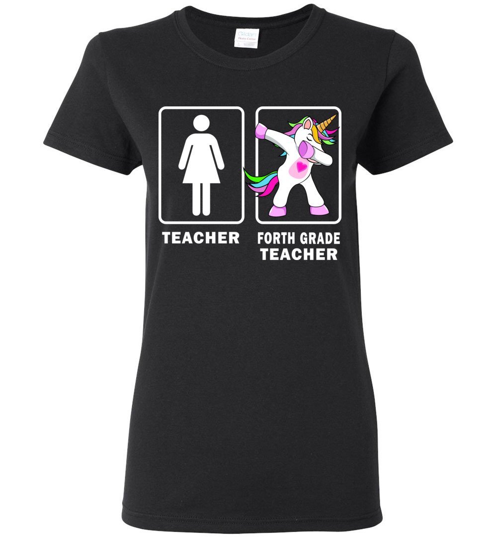 Funny 4th Grade Teacher Appreciation T-Shirt - Dabbing Unicorn with Tiny Humans Design - Black Women's Tee for Classroom, Gifts & Teacher Week
