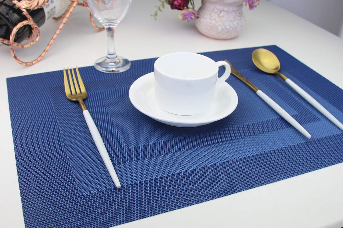 Washable Woven Vinyl Placemats Set of 6 - 18x12 Inches Navy Blue Plastic Table Mats for Dining Room, Kitchen, Party & Outdoor Use - Durable, Easy to Clean & Non-Slip