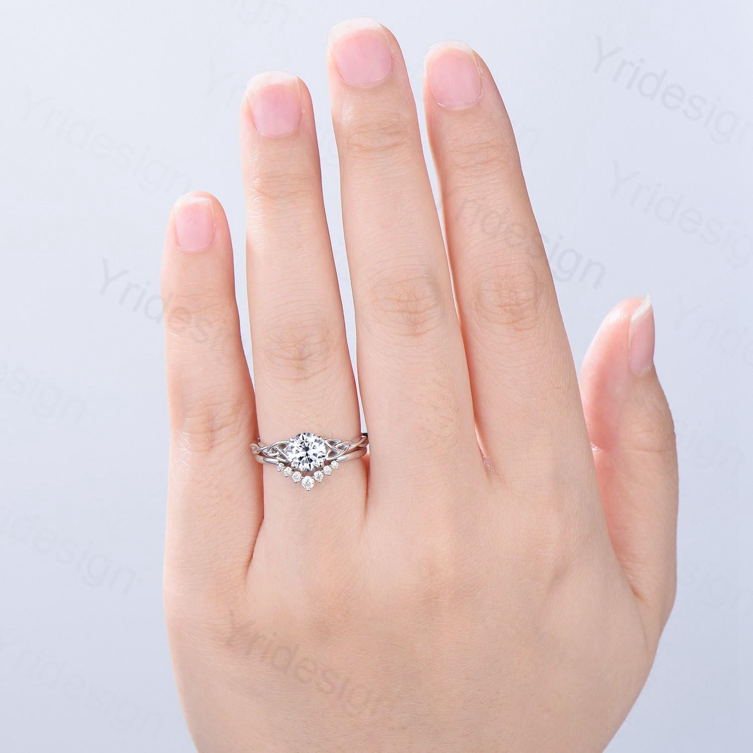 Celtic Love Moissanite Bridal Ring Set - 14K White Gold Elegant Twisted Norse Viking Wedding Band - Lab Grown Diamond Engagement Ring for Women - Handmade Jewelry Gift for Anniversary, Proposal & Special Occasions