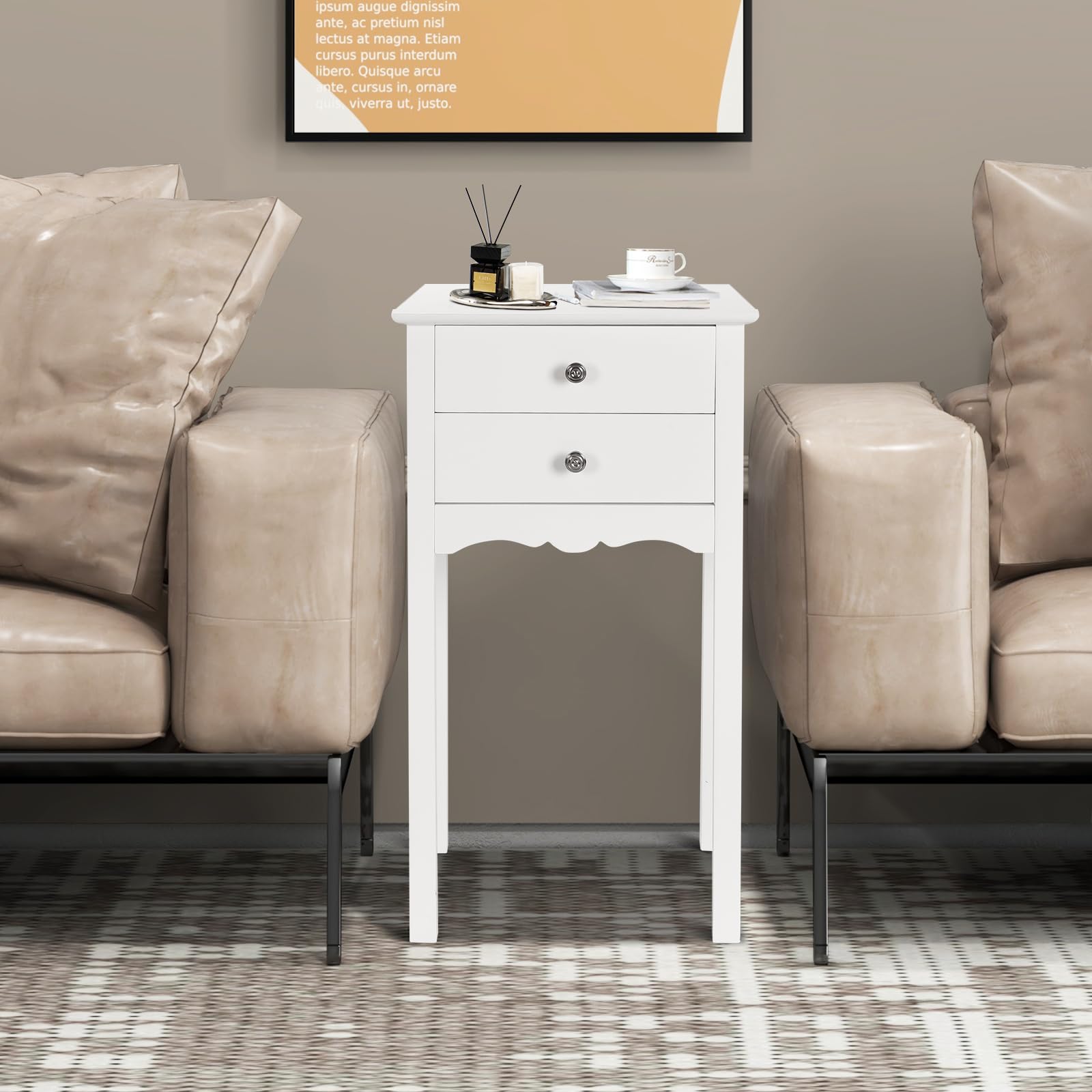 Giantex 2-Piece White End Table Set with 2 Drawers - Multi-Purpose Nightstand, Side Table for Living Room, Bedroom & Home Decor - Perfect for Small Spaces, Apartment Essentials & Accent Furniture