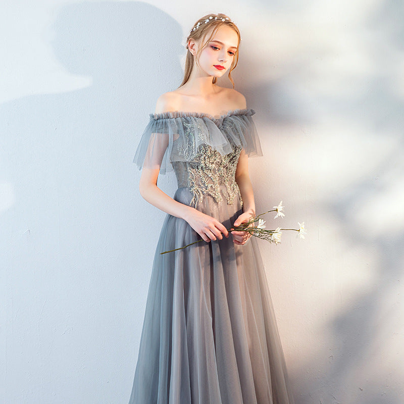 Elegant Off Shoulder Gray Long Prom Dress - A-Line Tulle Formal Evening Gown for Women - Perfect for Homecoming, Wedding Guest, and Special Occasions