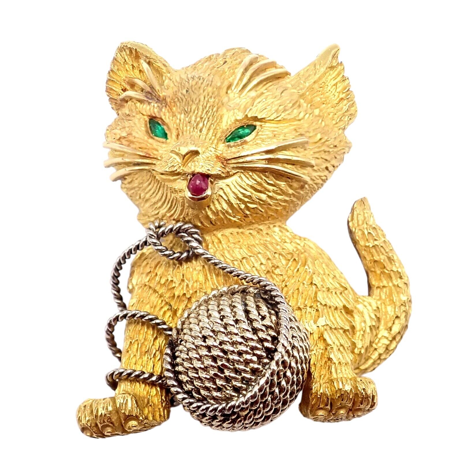 Vintage Tiffany & Co. France 20k Yellow Gold Ruby Emerald Cat Brooch Pin - Elegant Collectible Jewelry for Special Occasions & Gift Giving