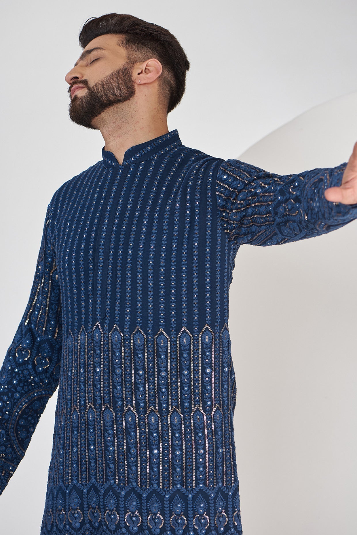Navy Blue Embroidered Kurta for Men | Traditional Indian Tunic | Handcrafted Cotton Kurta for Festivals, Weddings & Casual Wear