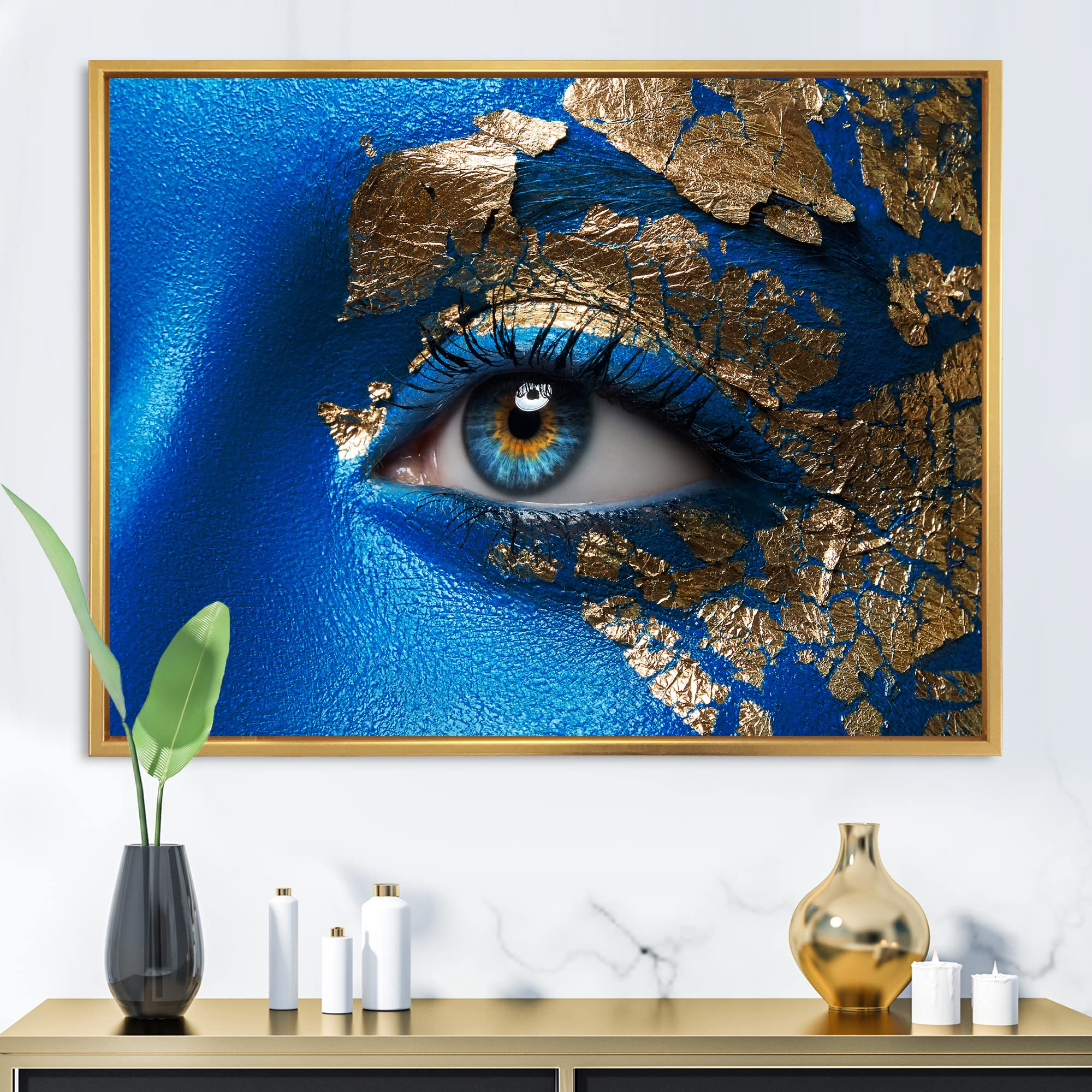 DesignQ Blue Makeup Young Girl Portrait - Modern Framed Canvas Wall Art Print for Living Room, Bedroom & Office Decor