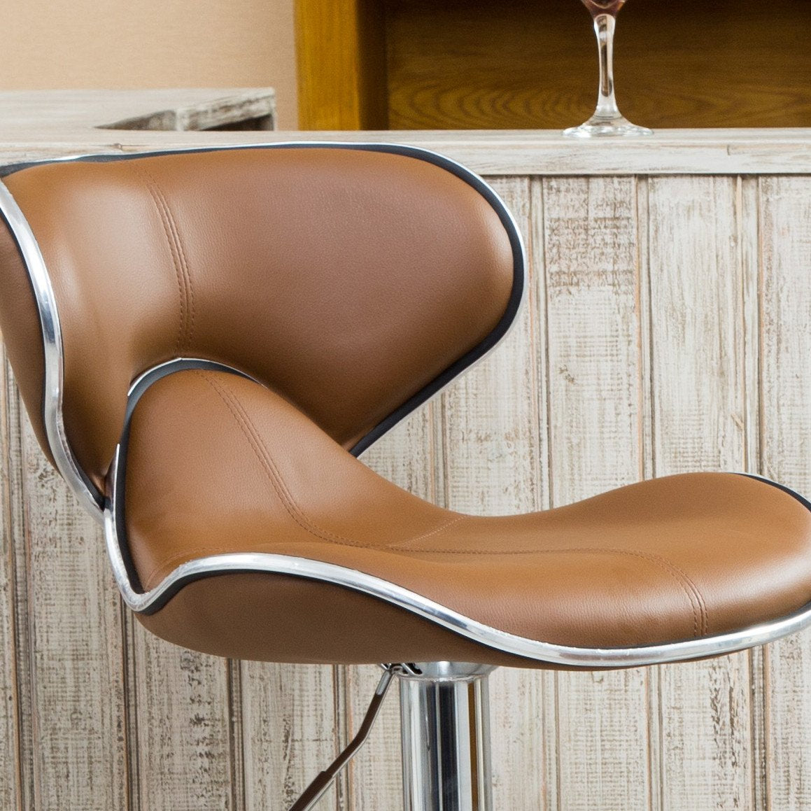 Roundhill Furniture Masaccio Adjustable Swivel Bar Stool - 2-Piece Set with Cushioned Leatherette Upholstery & Chrome Base in Caramel | Perfect for Kitchen Islands, Home Bars & Breakfast Nooks