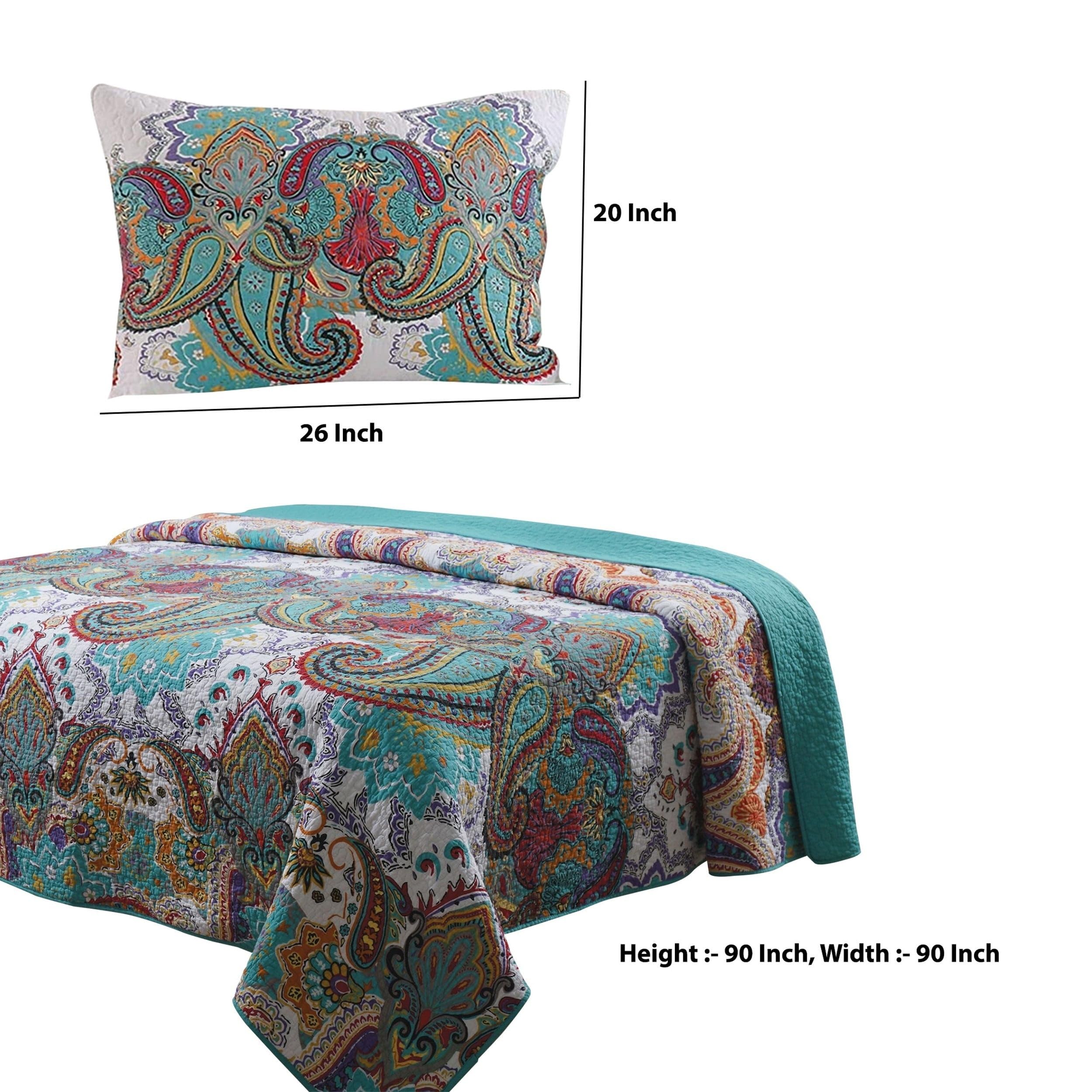 Benjara 3-Piece Queen Size Cotton Quilt Set - Paisley Print Blue Bedding for Comfort & Style | Perfect for Master Bedroom, Guest Room & Cozy Home Decor