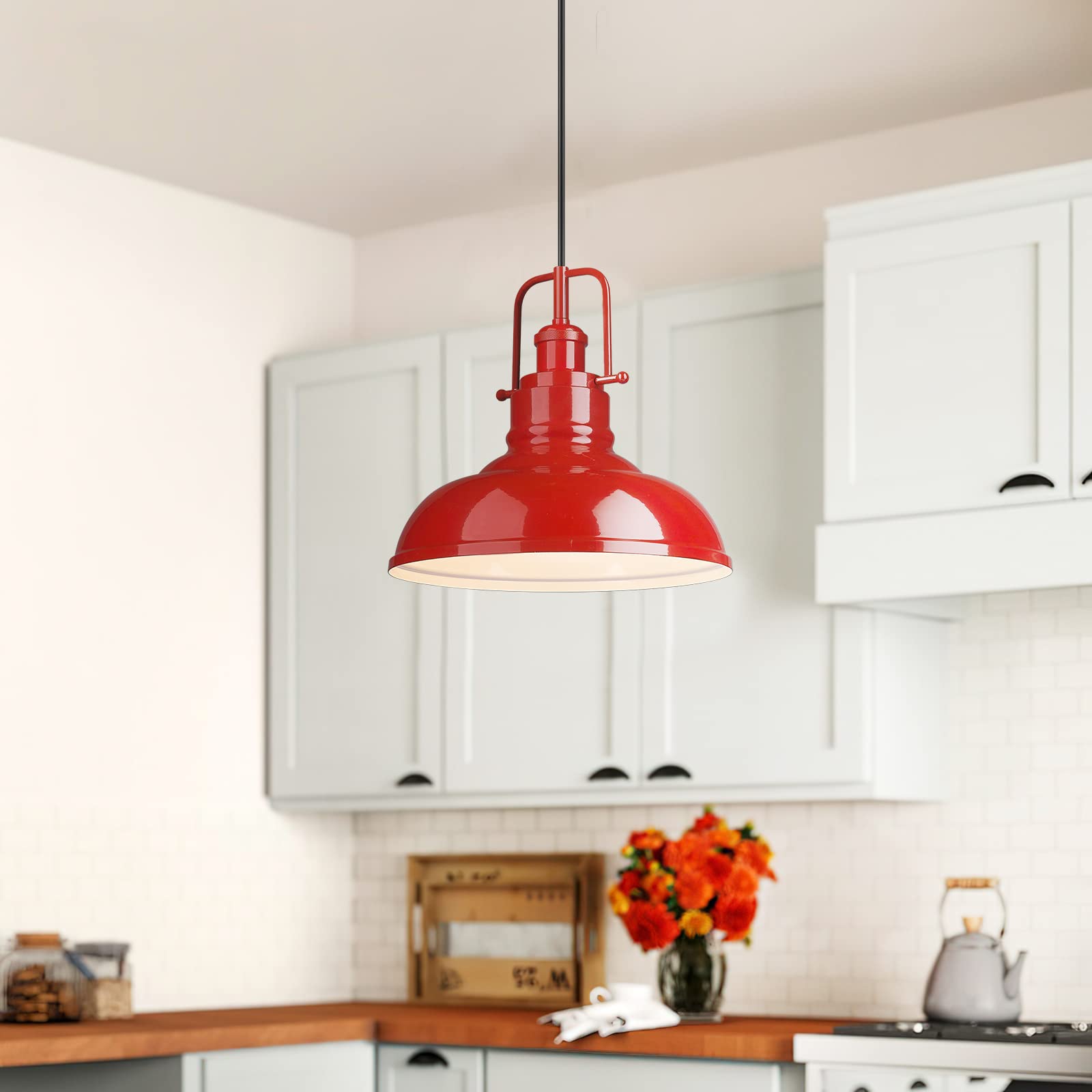 Modern Dome Pendant Light Fixture - 1-Light Kitchen Island Ceiling Lighting with Red Finish (016-1 RED) - Perfect for Dining Rooms, Breakfast Nooks & Farmhouse Decor